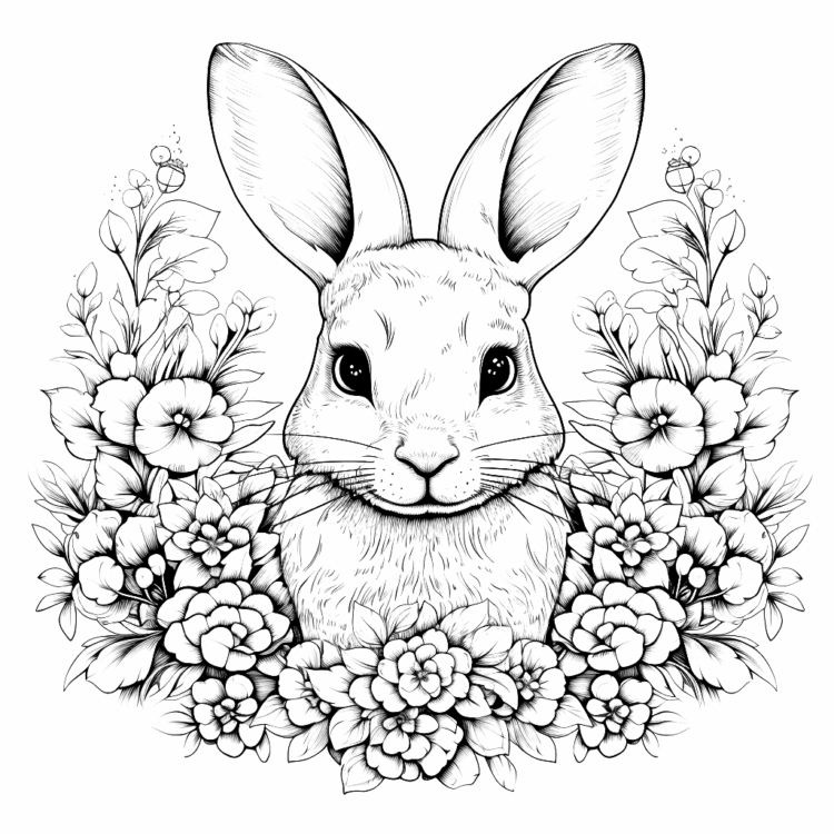 Dibujo para colorear Conejo de Pascua y flores
