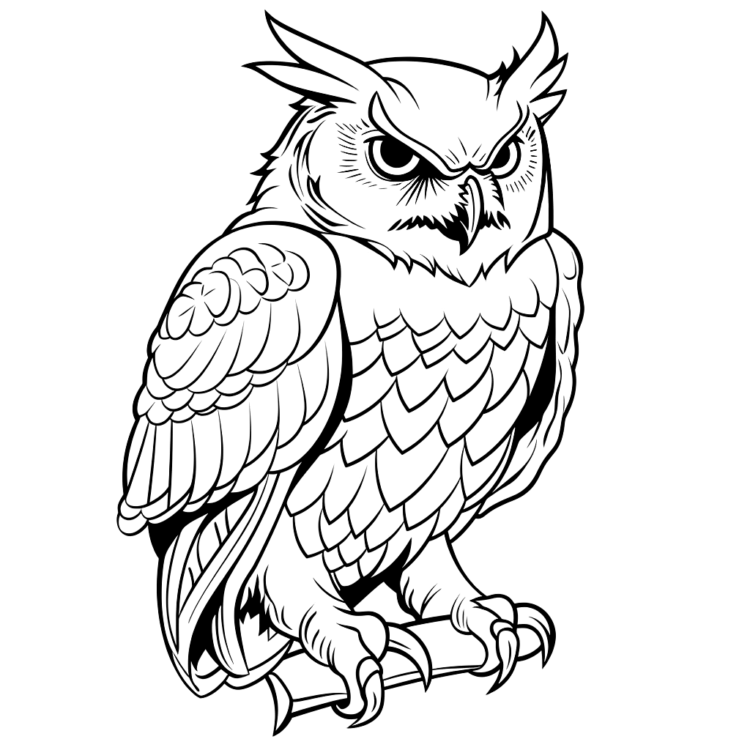 Dibujo para colorear búho real a la luz de la luna