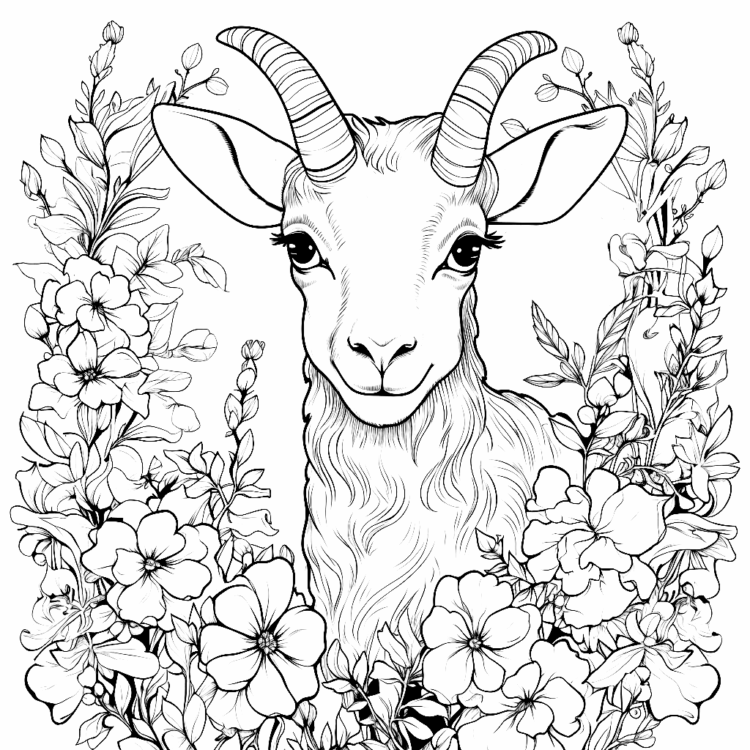 Coloring picture goat and flowers