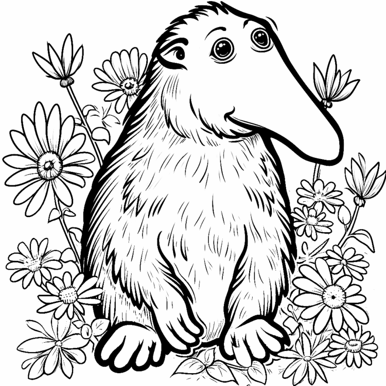 Dibujo para colorear oso hormiguero y flores