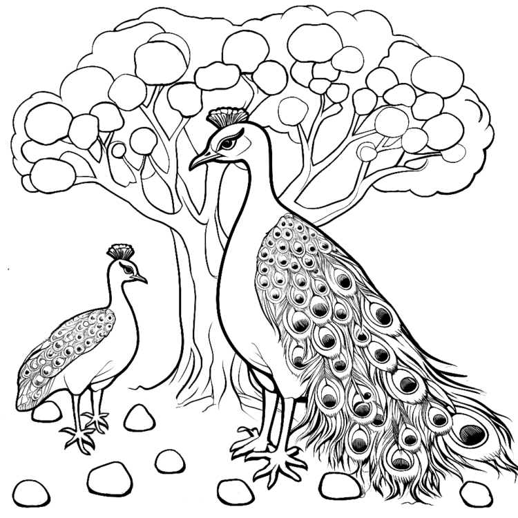 Dibujo para colorear árbol y pavo real