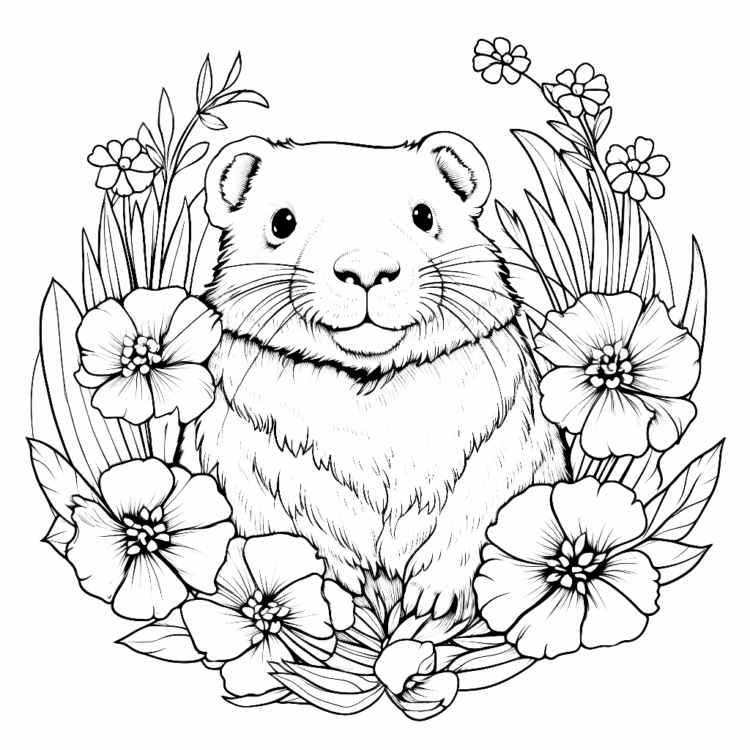 Dibujo para colorear castor y flores