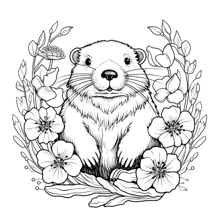 Dibujo para colorear flores y castor
