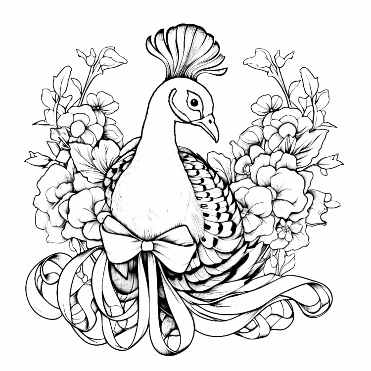 Dibujo para colorear flores y pavo real