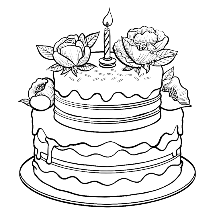 Elegant birthday cake coloring page