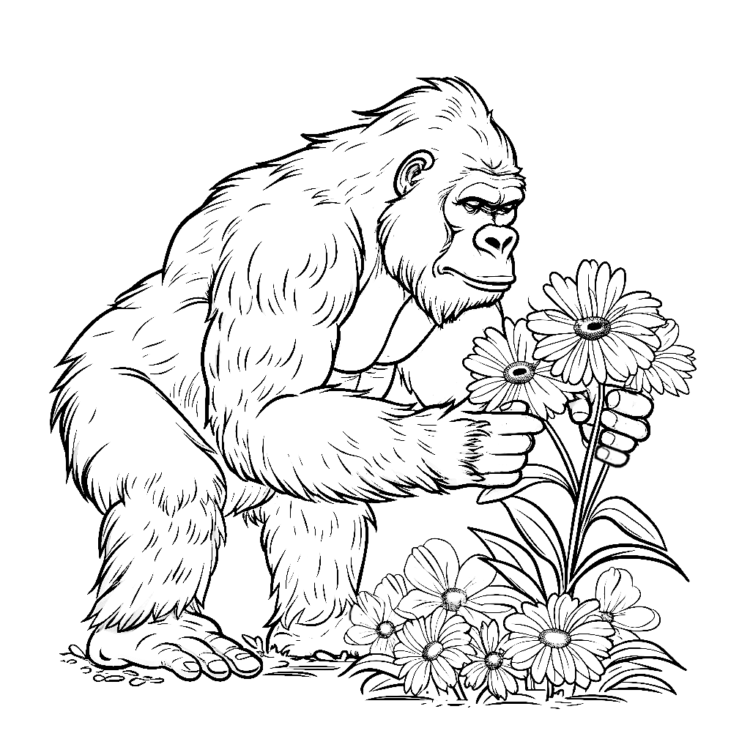 Coloring picture gorilla and flowers