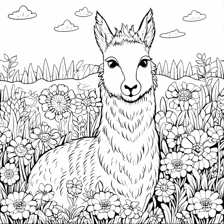 Ausmalbild Lama und Blumen