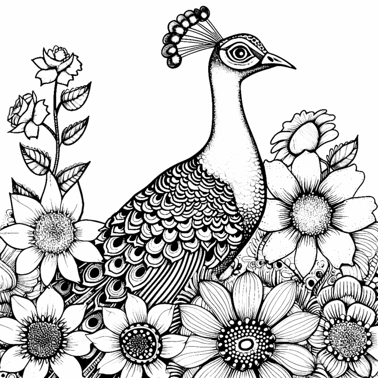 Colorear pavo real y flores