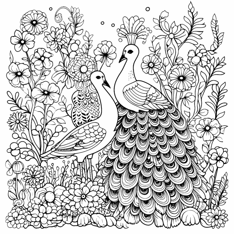 Colorear pavos reales y flores