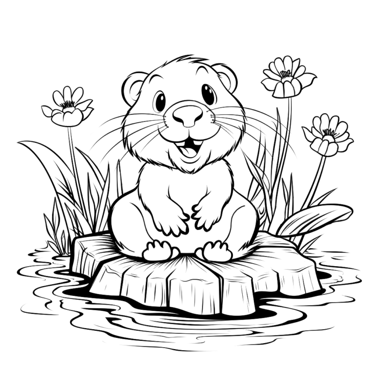 Coloring picture pond shore beaver