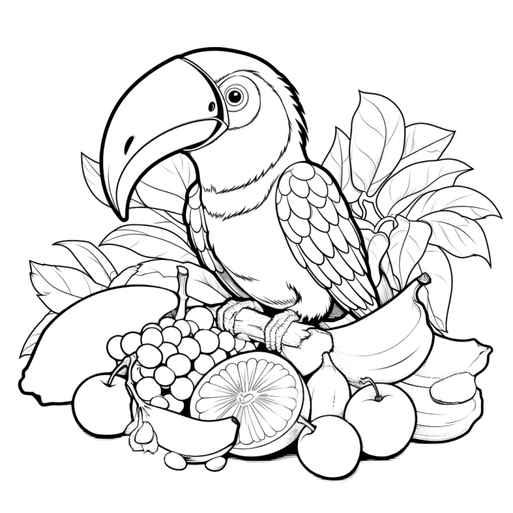 Página para colorear del tucán y la fruta
