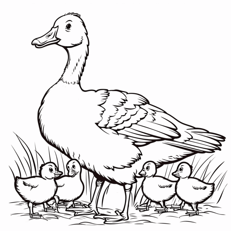 Dibujo para colorear bebé ganso y madre ganso