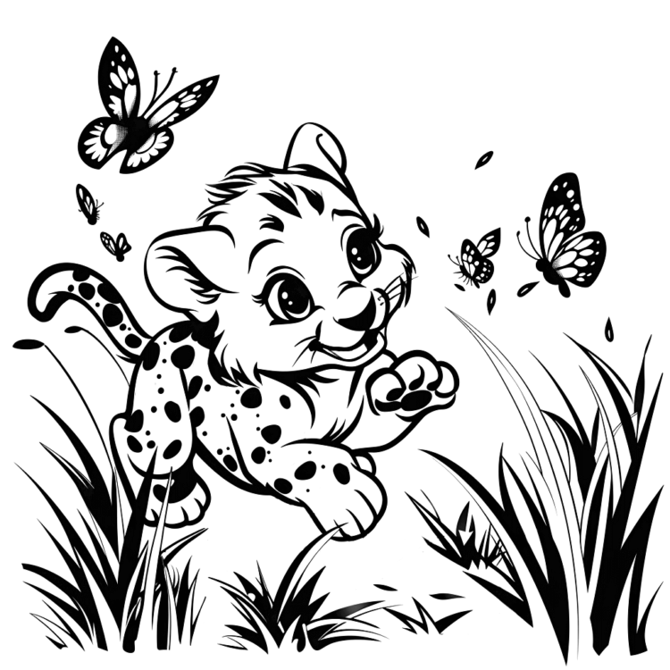 Dibujo para colorear de Guepardo y mariposas