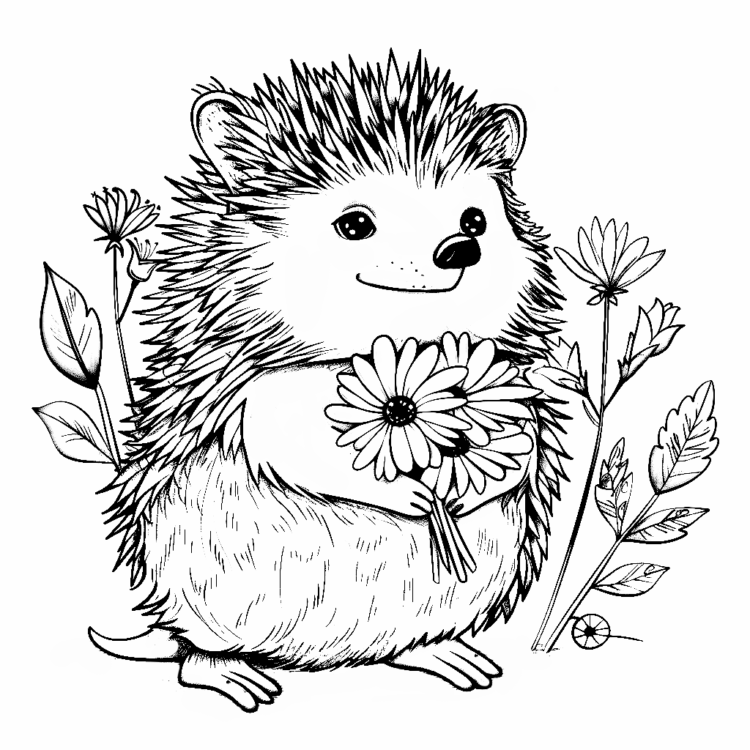 Dibujo para colorear erizo y flores