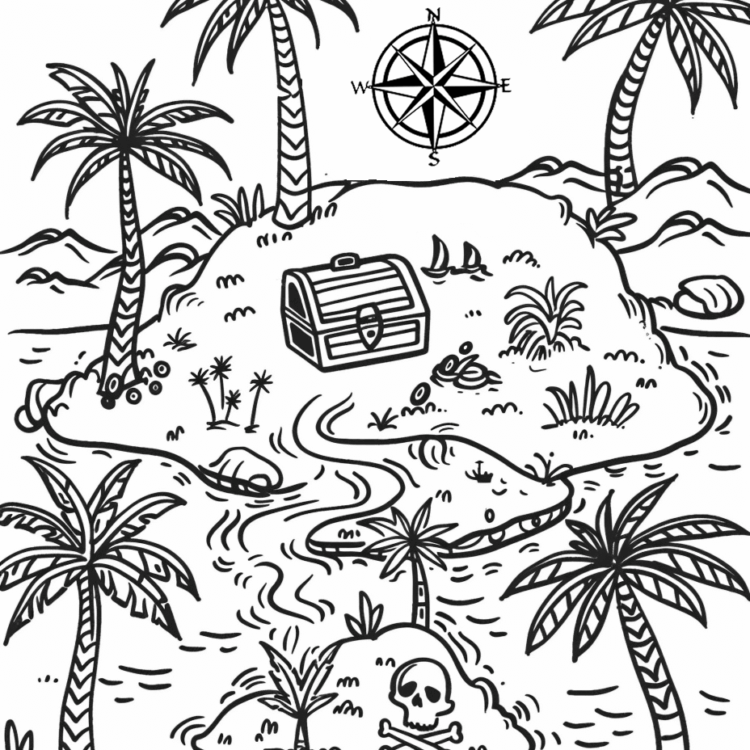 Dibujo para colorear del mapa del tesoro de la isla
