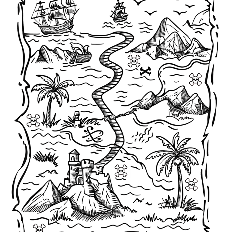 Dibujo para colorear mapa de la búsqueda del tesoro