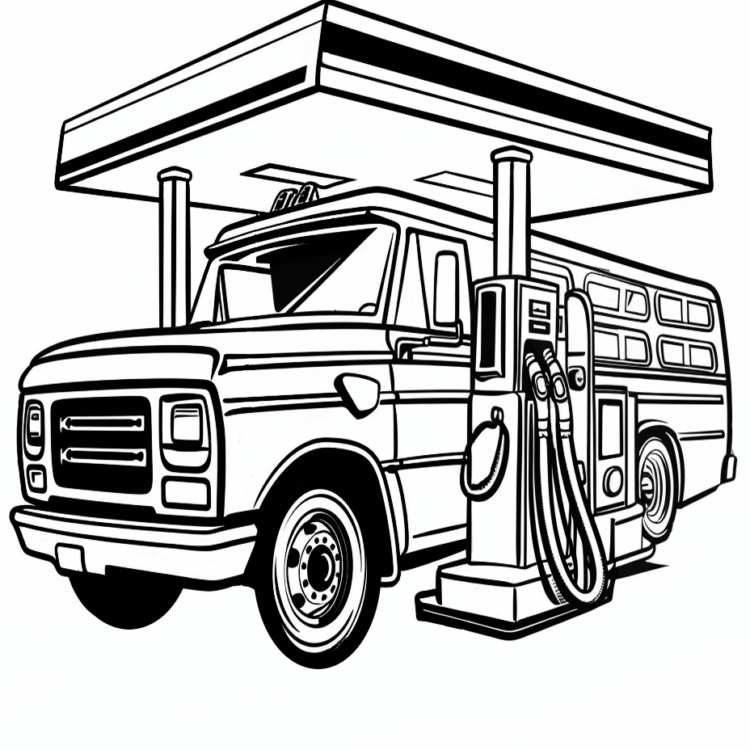 Colorear dibujo autobús en la gasolinera