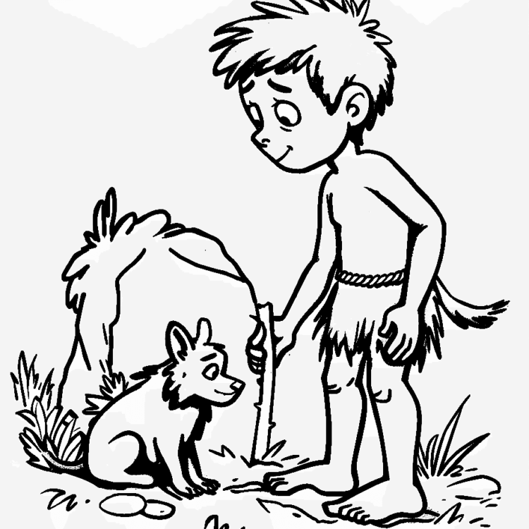 Coloring picture hunter boy in the Stone Age