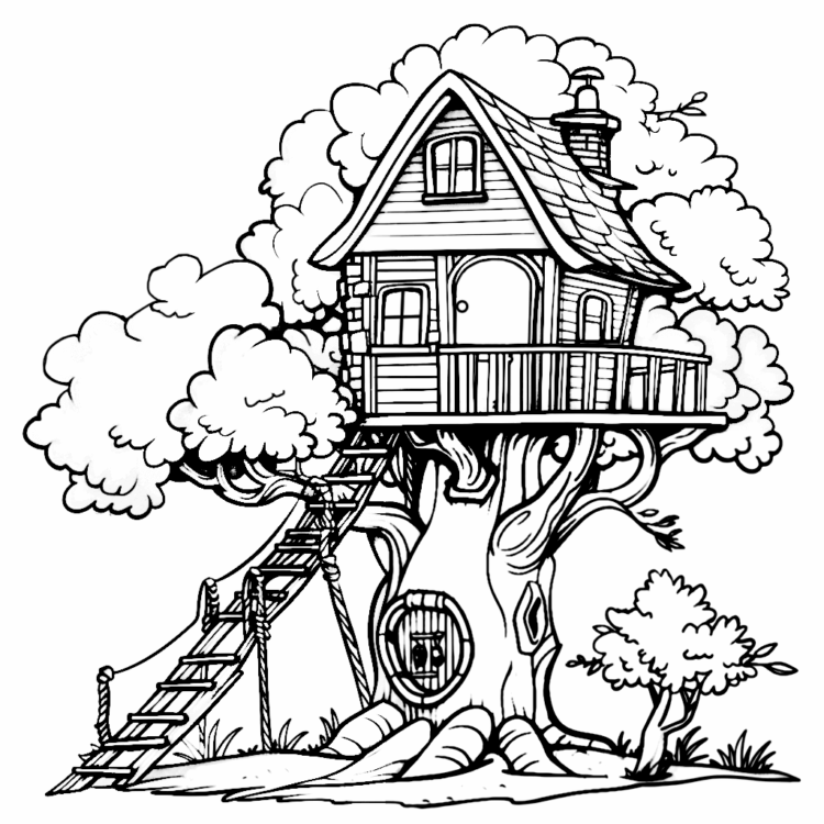 Página para colorear Casa rústica en el árbol