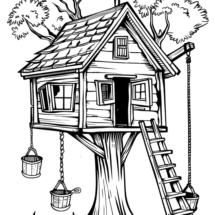 Dibujo para colorear casa de juegos en el árbol