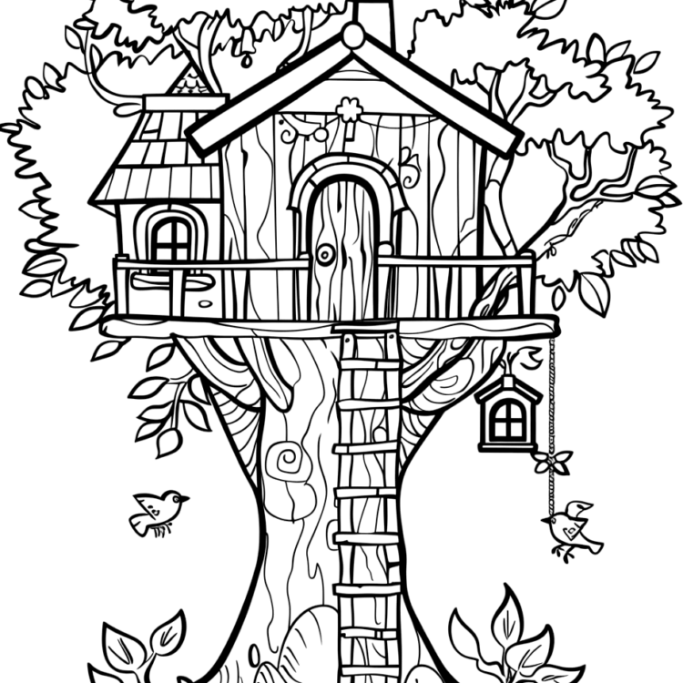 Dibujo para colorear casa del árbol en el bosque