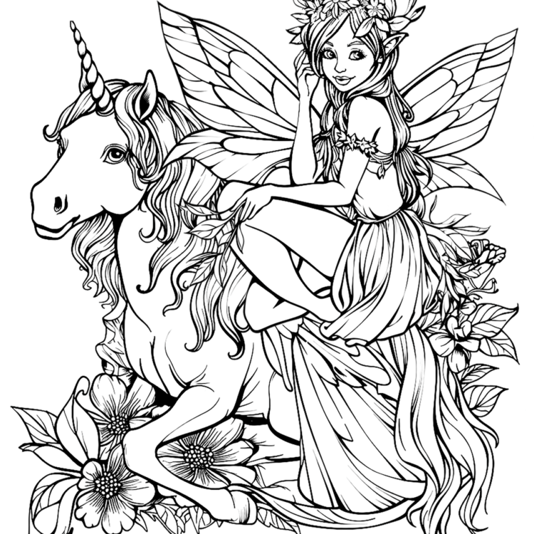 Dibujo para colorear de hada y unicornio