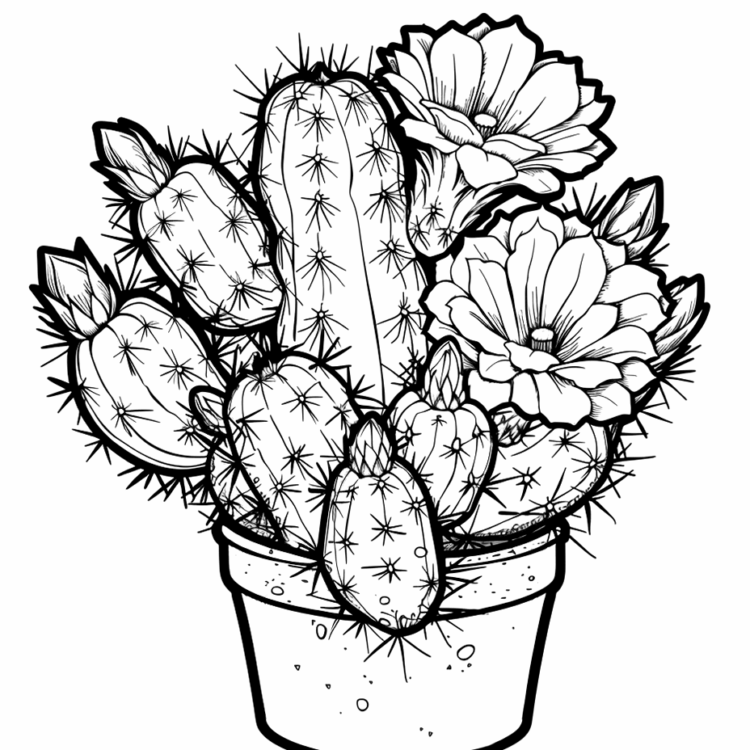 Dibujo para colorear cactus y flores