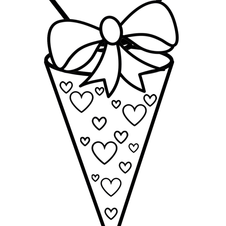 Dibujo para colorear cono escolar con corazones