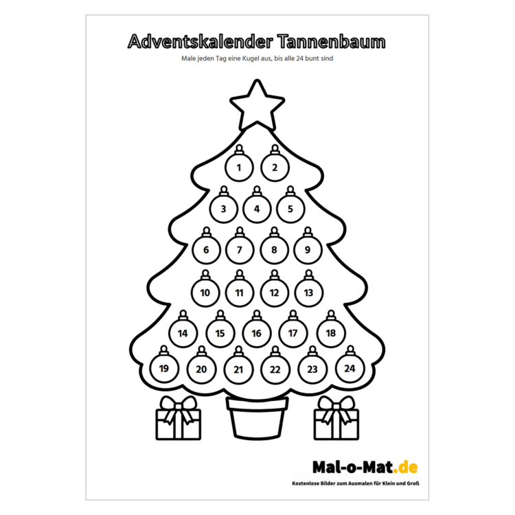 Adventskalender Tannenbaum mit 24 nummerierten Kugeln zum Ausmalen