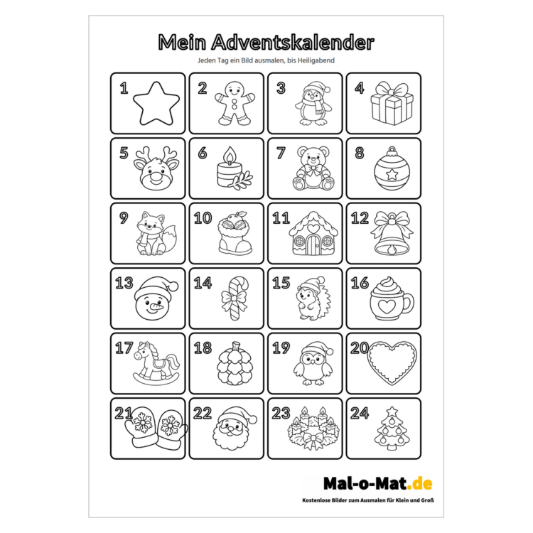 Adventskalender zum Ausmalen mit 24 nummerierten Weihnachtsbildern