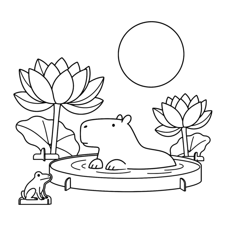 Ausmalbild Capybara badet zwischen großen Seerosen