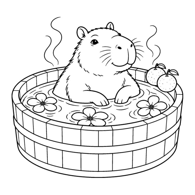 Ausmalbild Capybara im Holzzuber mit Mandarinen