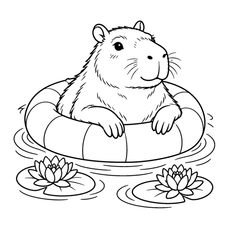 Ausmalbild Capybara im Schwimmring