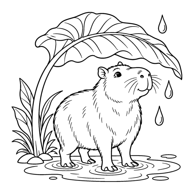Ausmalbild Capybara in der Regenpfütze