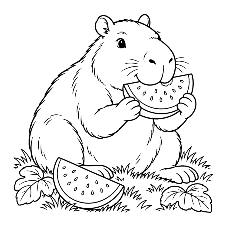 Ausmalbild Capybara isst Wassermelone