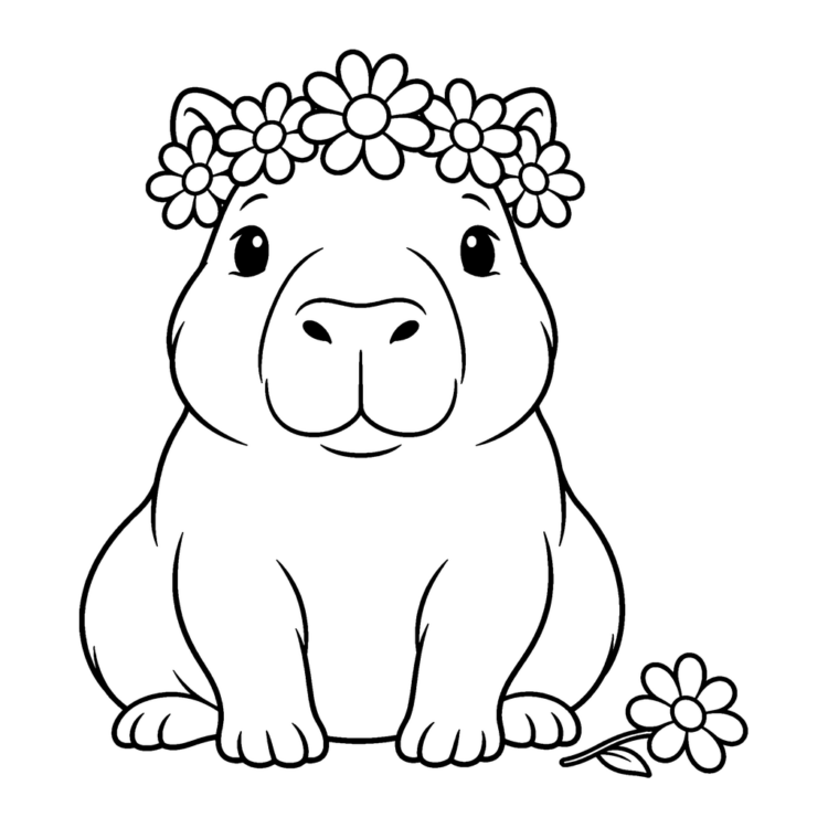 Ausmalbild Capybara mit Blumenkranz