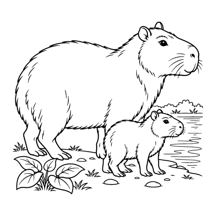 Ausmalbild Capybara mit Jungtier am Fluss