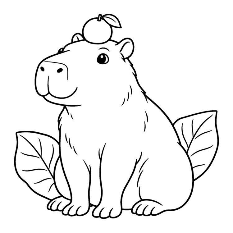 Ausmalbild Capybara mit Orange auf dem Kopf