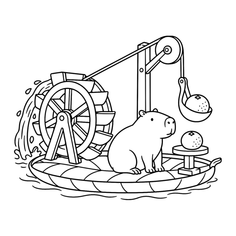 Ausmalbild Capybara mit Wasserrad und Orangenlift