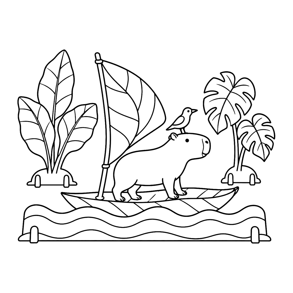 Ausmalbild Capybara segelt im Blattboot