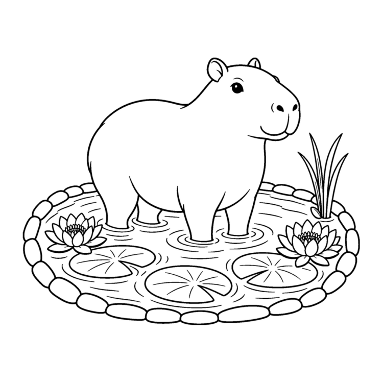 Ausmalbild Capybara steht im Gartenteich