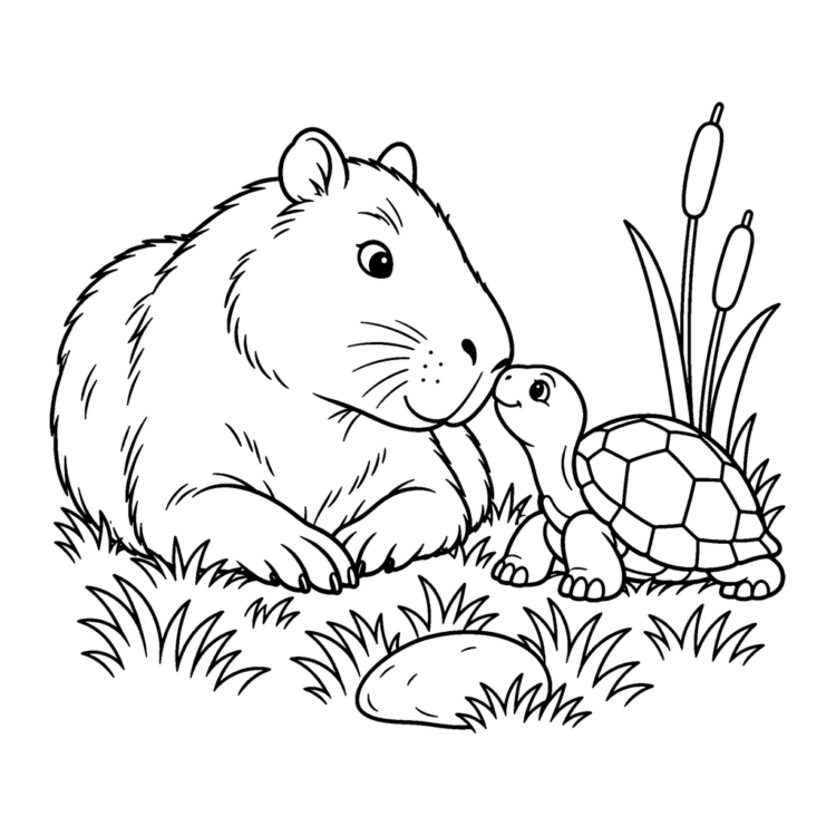 Ausmalbild Capybara und kleine Schildkröte