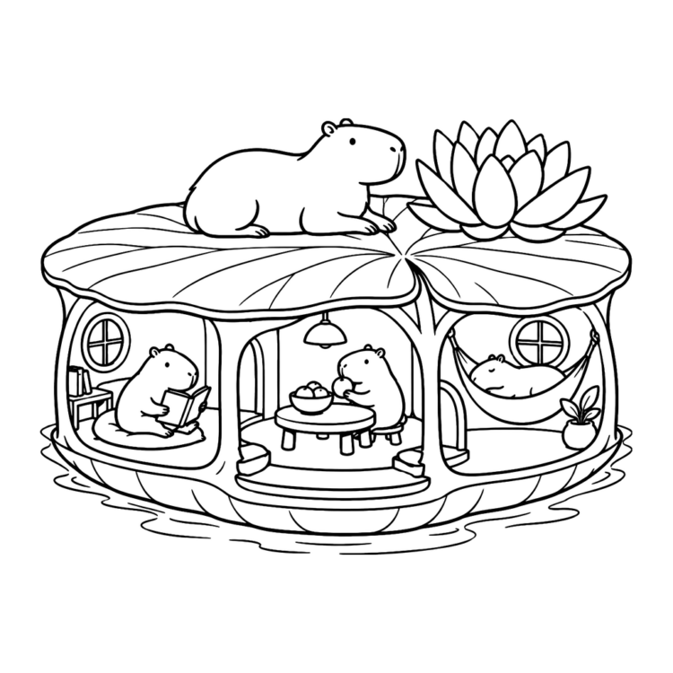 Ausmalbild Capybaras im schwimmenden Seerosenhaus