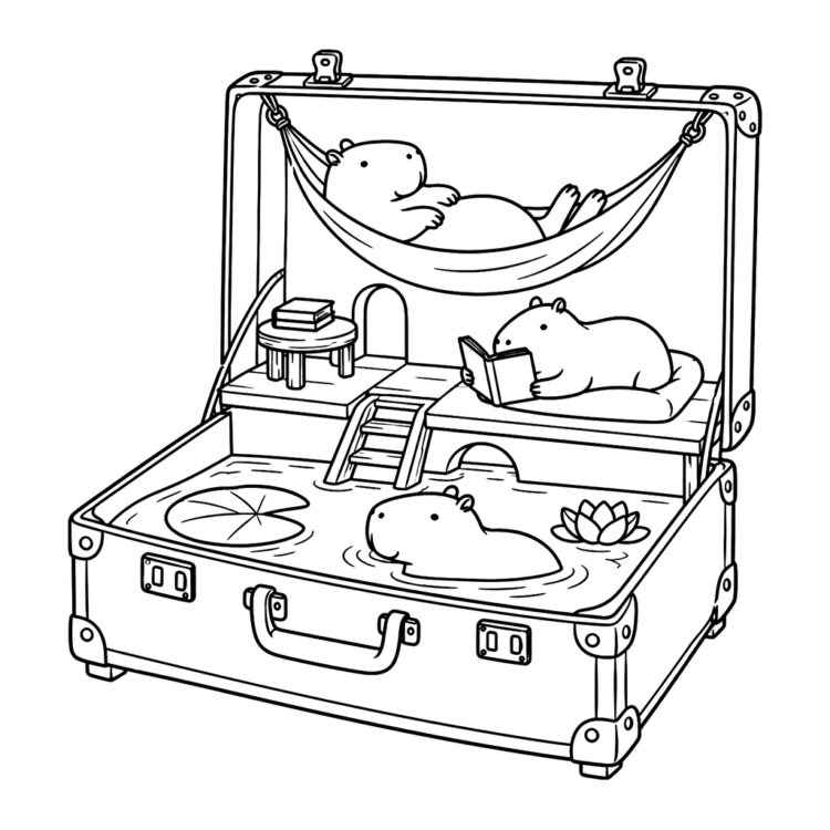 Ausmalbild Capybaras mit Teich im Koffer