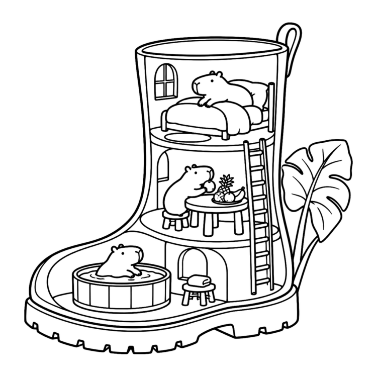 Ausmalbild Capybaras wohnen im Gummistiefel