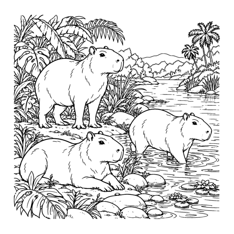 Ausmalbild Drei Capybaras am tropischen Fluss