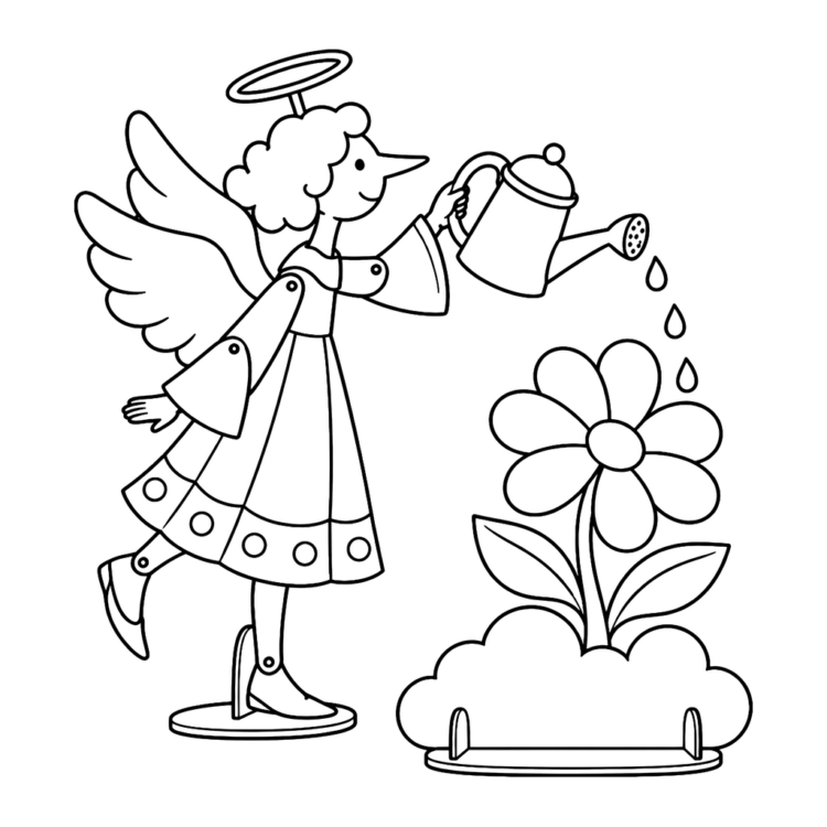 Ausmalbild Engel gießt Blume auf der Wolke