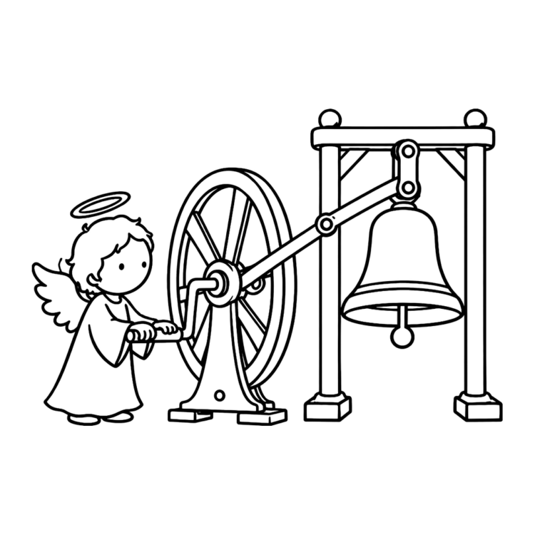 Ausmalbild Engel läutet eine große Glocke