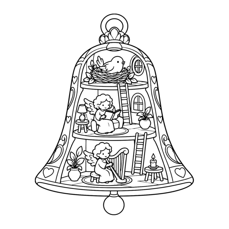 Ausmalbild Engel mit Harfe in der Glocke