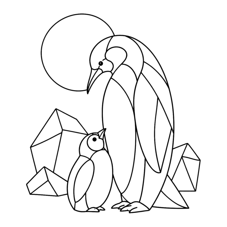 Ausmalbild Geometrischer Pinguin mit Küken